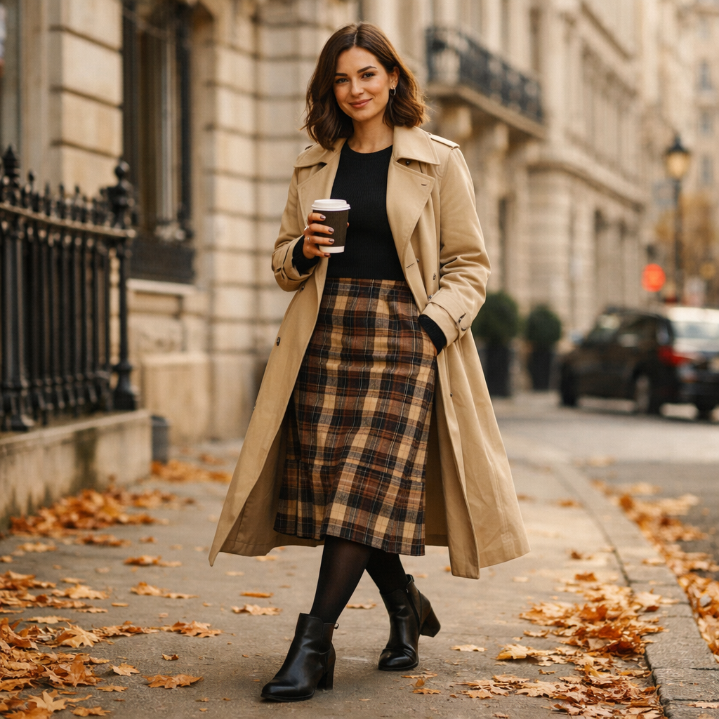 A fashionable woman walking on an urban street in autumn, wearing a plaid wool midi skirt, black opaque tights, black ankle boots, and a long beige trench coat